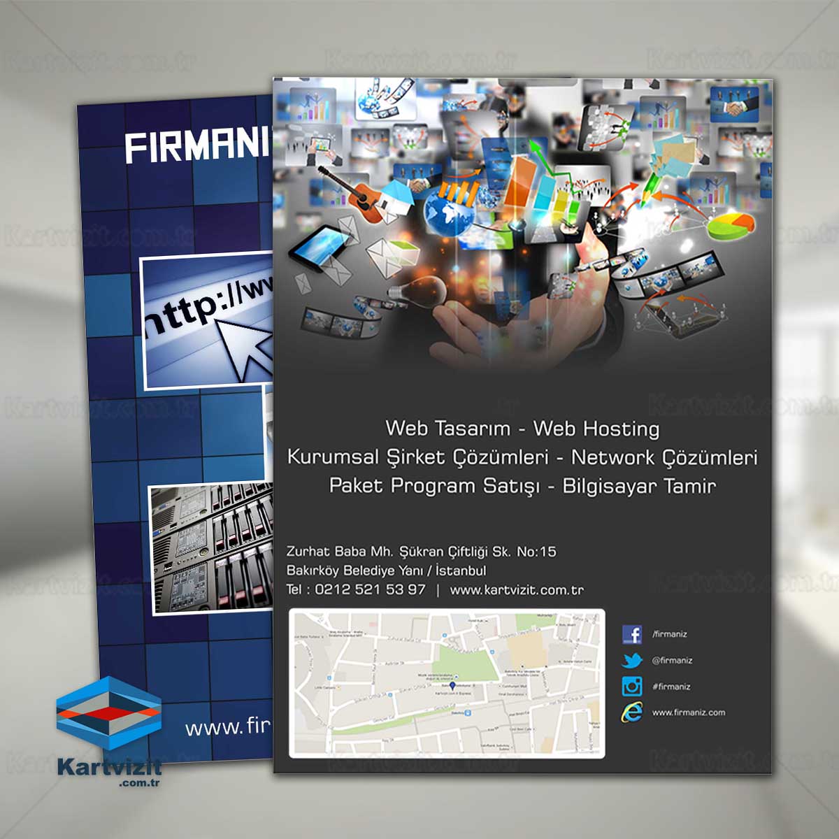 Broşür Bilgisayar Lacivert Kareler